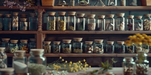 A shelf filled with many jars containing various plants and foliage