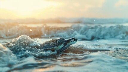 Fototapeta premium A sea turtle navigates through ocean waves at sunset, illuminated by the golden light, creating a serene and captivating scene. 