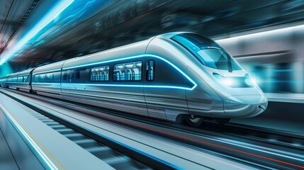 Fototapeta premium Advanced transit, maglev trains, side view, highlighting highspeed travel, digital tone, vivid