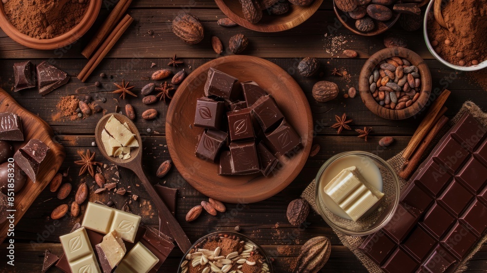 Sticker Assorted Chocolate Bars and Ingredients on Wooden Table. A beautiful display of delicious dark, milk, and white chocolates.