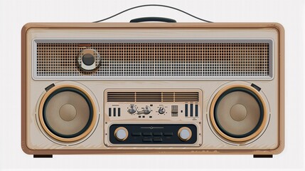 Fototapeta premium Front view of a vintage radio with retro design elements, featuring large speakers and multiple control knobs.