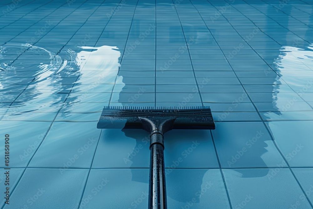 Poster a pool with a pool brush next to it, ready for cleaning and maintenance