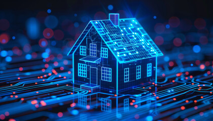 smart home technology concept with house interior design and blue digital hologram lines. a house made of circuits and wires.