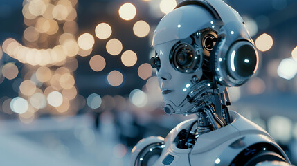 Futuristic humanoid robot AI assistant with headphones, expertly performing customer service tasks, showcasing the seamless integration of artificial intelligence for efficient support. 
