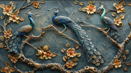 Volumetric Peacock bird with golden elements against the background of a plaster wall.