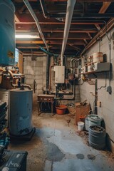 A photo of an industrial plumbing room with many pipes and a water heater