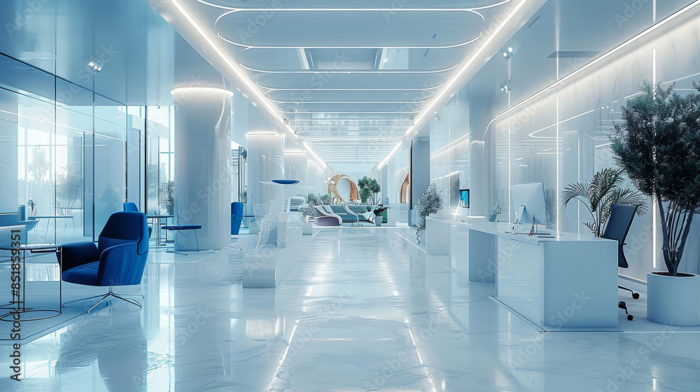 Aufkleber interactive it co-working in white and blue tones with media content high detailed. generative ai.