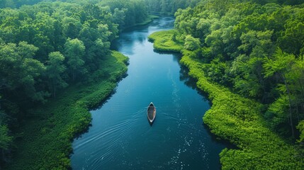 Fototapeta premium An expansive view of a tranquil river winding through a dense forest, with a canoe peacefully drifting along the calm waters. The lush greenery reflects in the river, creating a picturesque scene