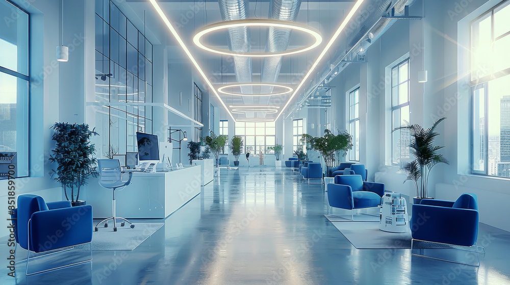 Aufkleber interactive it co-working in white and blue tones with media content high detailed. generative ai.