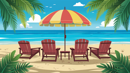 Obraz premium vector illustration of chairs and umbrella on the beach with icy beers, chilling relaxing summer vacations
