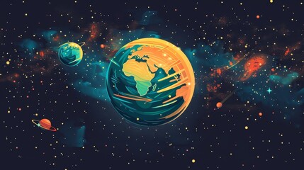 Fototapeta premium Rocket green Earth flat design front view ecofriendly technology theme cartoon drawing Triadic Color Scheme