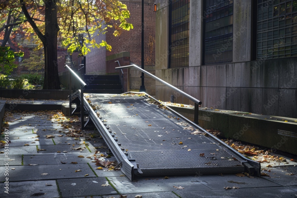 Aufkleber a ramp on the side of a building next to a tree, ideal for use in urban or architectural photography