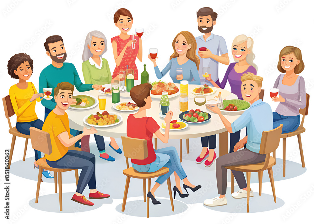 Wall mural friends gatherings around dinner tables set. happy people eating, talking at home and restaurants pa