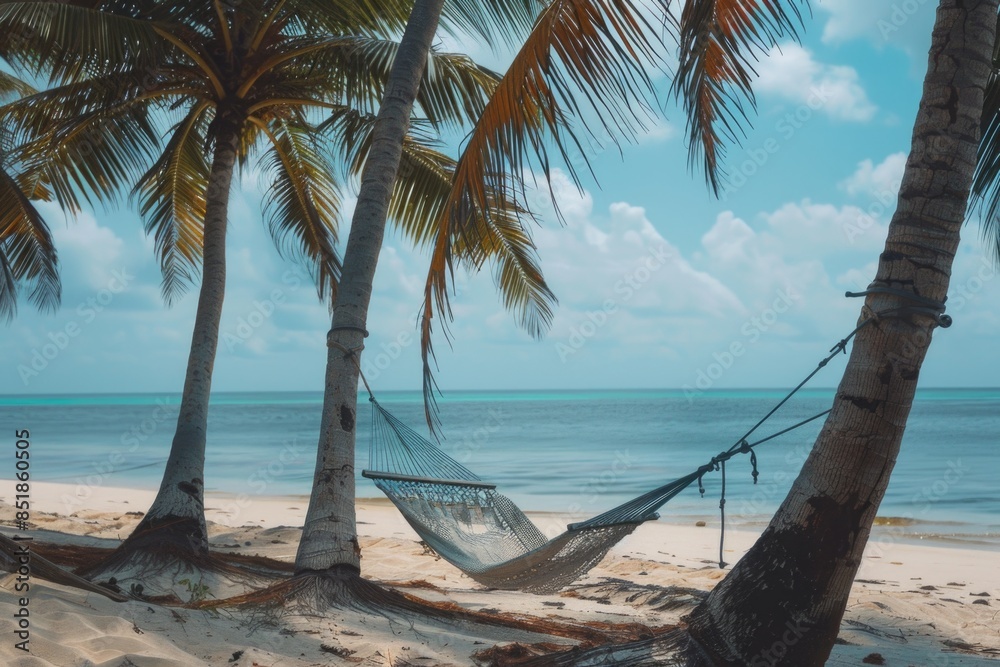 Poster a cozy hammock strung between two palm trees on a sunny beach, perfect for relaxing and soaking up t