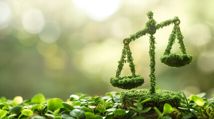 Obraz premium Harmony between law and environmental sustainability. The scales evoke the pursuit of ecological justice and the importance of maintaining an eco-equilibrium in legal frameworks. 