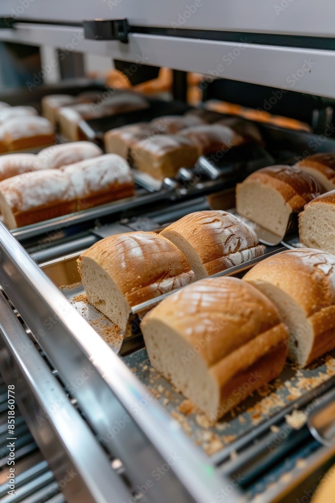 Poster a fast-paced industrial scene with fresh breads being transported on a conveyor belt