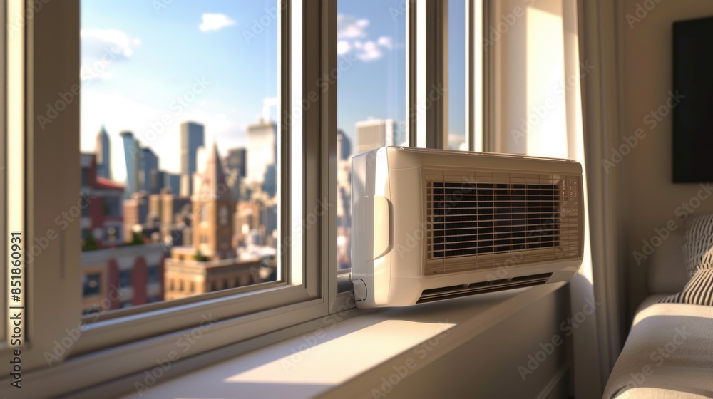 Poster air conditioner unit sitting near a window with a view