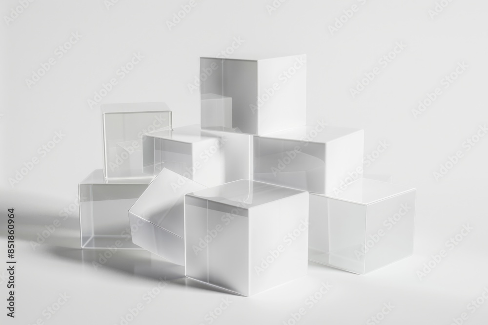 Poster A collection of white storage containers piled high, often used in offices for filing and organization
