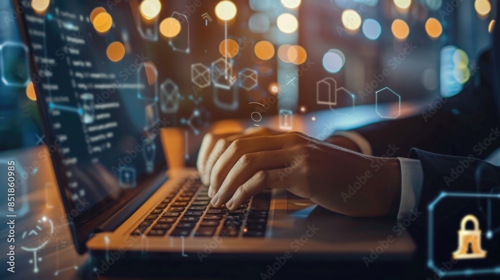 Poster a person working on their laptop with a locked screen, possibly trying to access confidential inform