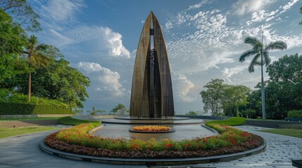 A modern, abstract monument stands tall in a serene park setting, reflecting in a tranquil pool of water. The sky above is a canvas of soft clouds.