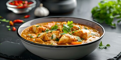 Authentic 3D visualization of classic Indian fish curry with bell peppers. Concept Food Rendering, Indian Cuisine, 3D Illustration, Culinary Art, Vibrant Colors