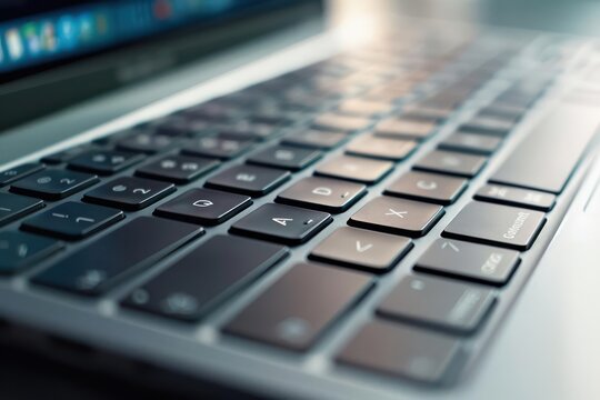 A closeup of a hightech, ultraslim laptop with a minimalist keyboard and bezelless screen, optimized for business use