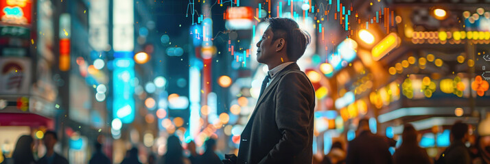 Obraz premium A lone man stands in the middle of a busy city street at night, looking towards the horizon. The city lights are blurry in the background, and there are data visualizations hovering above his head