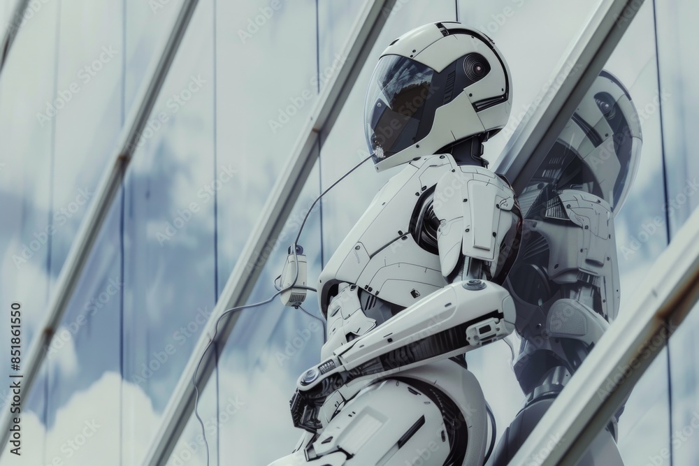 Aufkleber A robot standing on a pole in front of a building, perfect for use in futuristic or technological contexts