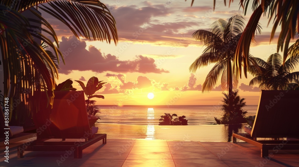 Poster A serene scene of a sunset over the ocean with palm trees in the foreground, perfect for use as a background or for decorative purposes