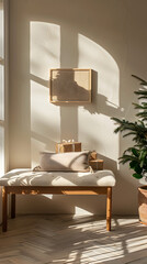 Serene Minimalist Interior with Wooden Bench, Christmas Gift Boxes, and Natural Light