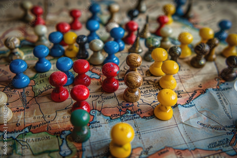 Poster A map showing various locations marked by colorful pins