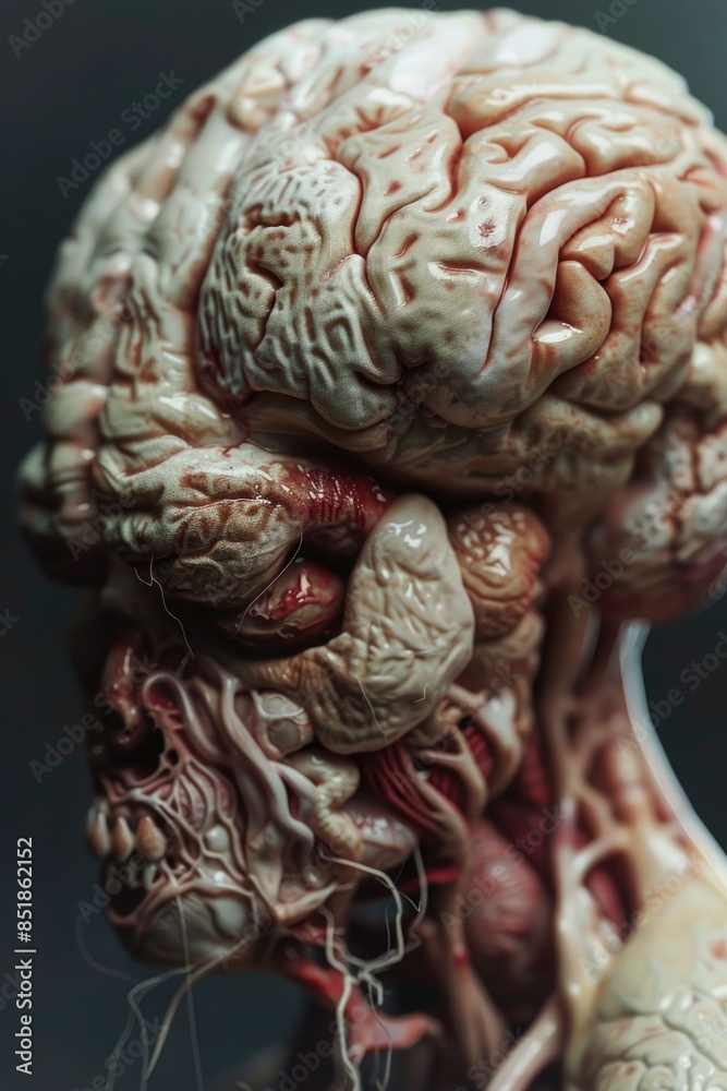 Poster a close-up view of a human brain, showcasing its internal structures