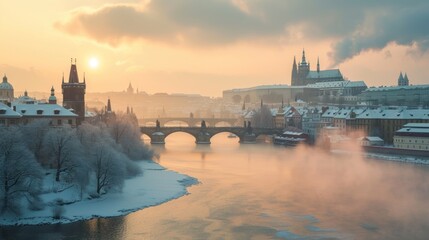 Charles bridghe with beautiful historical buildings at sunrise in winter in Prague city in Czech Republic in Europe.