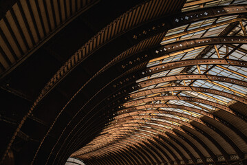 Columns in York train station with symmetrical patterns, York, Yorkshire, UK