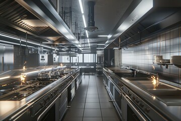 A large commercial kitchen with stainless steel appliances and modern cooking equipment