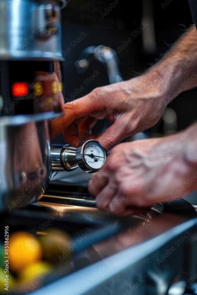 Poster a person holding and using a gauge in a close-up shot