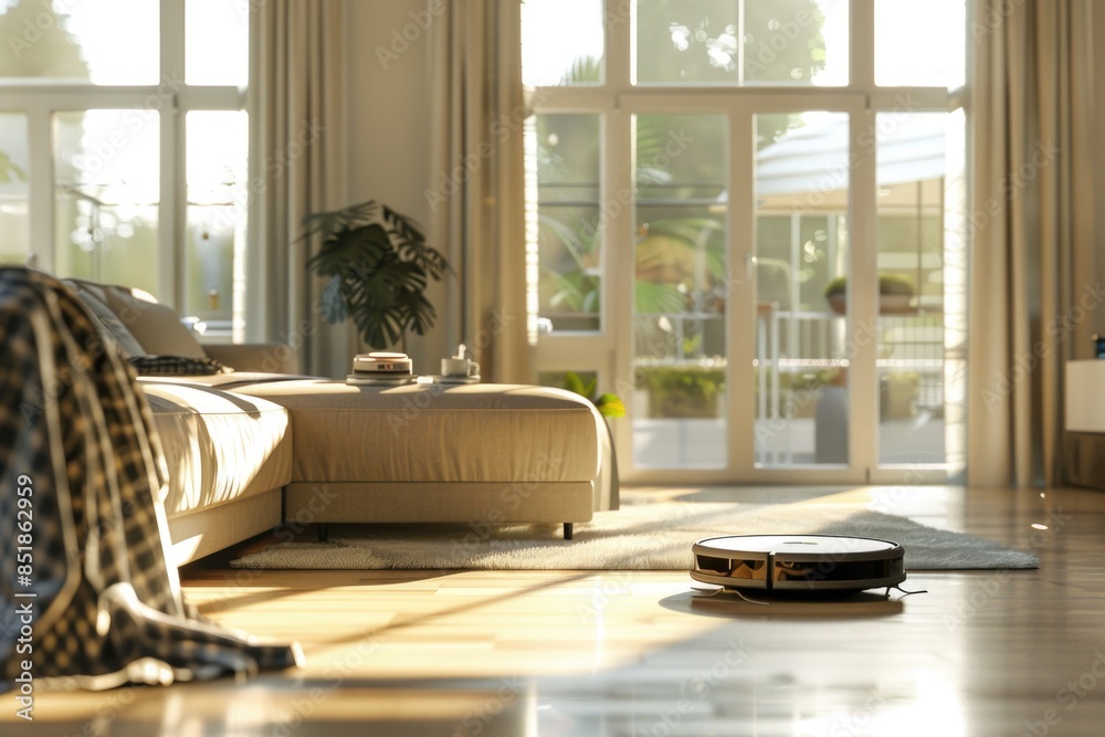 Poster a robot lying on the floor in a living room with a couch