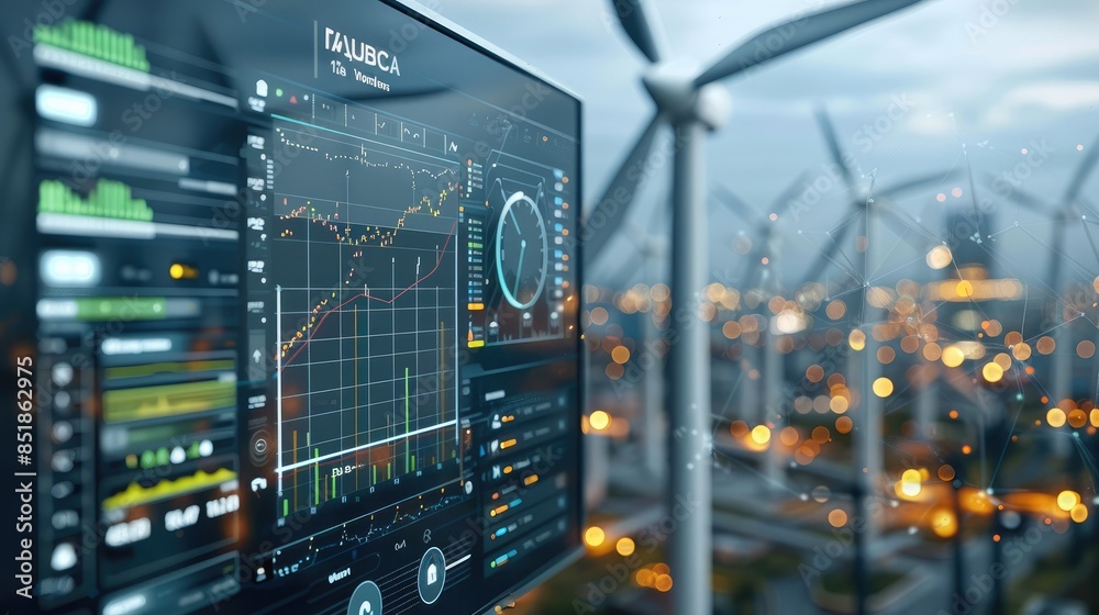 Aufkleber Wind turbine energy management system with real-time statistics and data analytics displayed on digital interfaces. Generative AI.