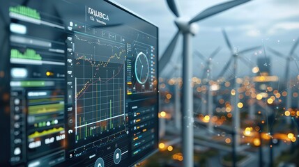 Wind turbine energy management system with real-time statistics and data analytics displayed on digital interfaces. Generative AI.