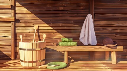 A wooden bench on a beach or coast, featuring a hat and towel