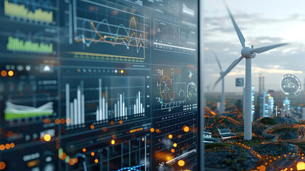Wind turbine energy management system with real-time statistics and data analytics displayed on digital interfaces. Generative AI.
