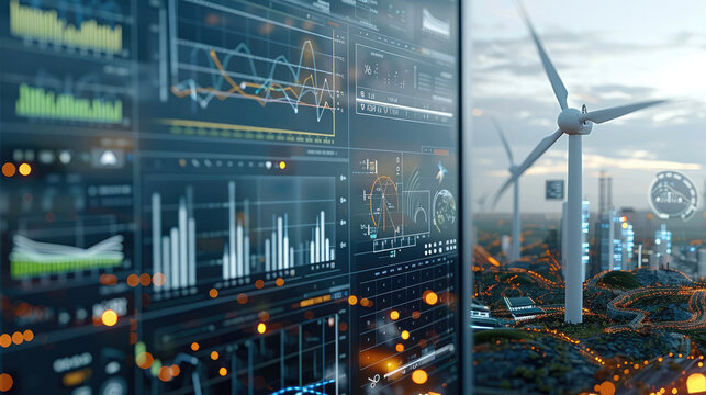 Wind turbine energy management system with real-time statistics and data analytics displayed on digital interfaces. Generative AI. - Powered by Adobe