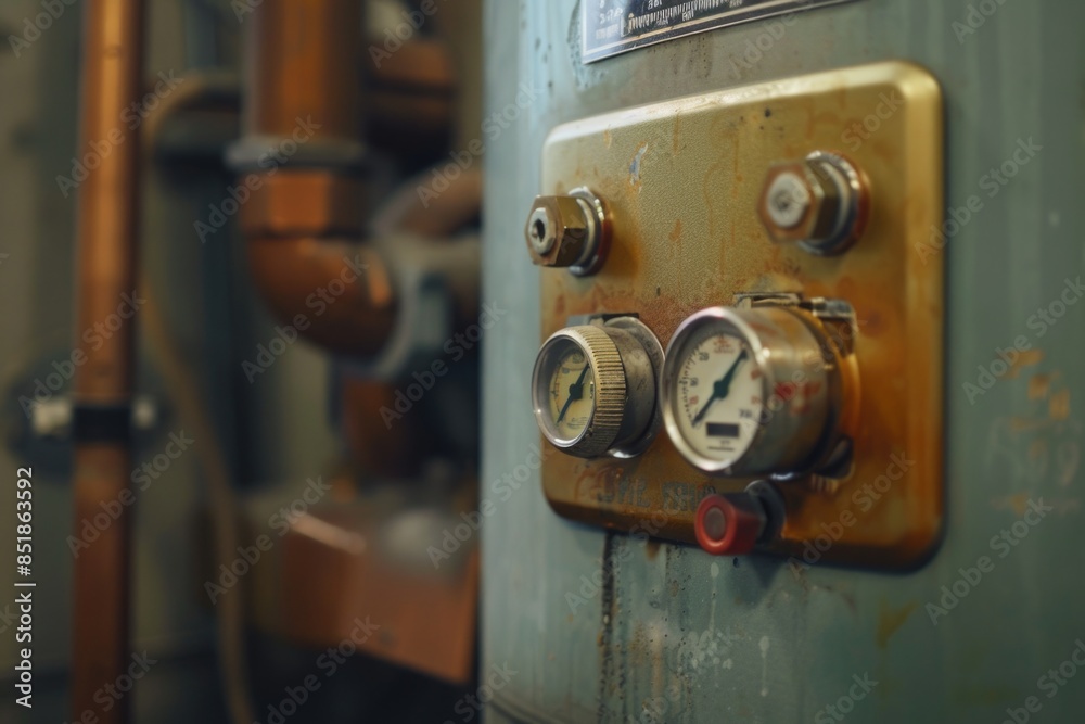 Poster a detailed view of a control panel's gauges, perfect for illustrating technical or mechanical concep