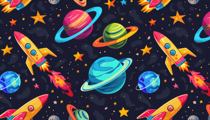 Obraz premium cartoon space pattern with colorful rockets, planets and stars on a dark background