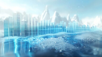 Fototapeta premium An abstract graphic equalizer with cool ice blue bars moving fluidly on a frosty background, giving the impression of sound waves in a wintry setting.