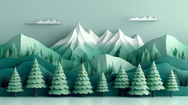 Pine forest flat design side view mountain theme 3D vivid