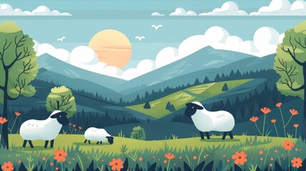 Sheep grazing in highlands flat design front view pastoral theme cartoon drawing Triadic Color...