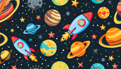 cartoon space pattern with colorful rockets, planets and stars on a dark background