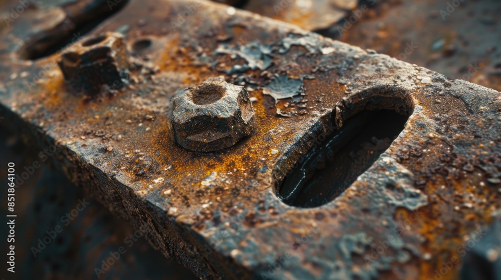 Poster A rusty old machine component with attached nuts