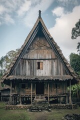 A traditional wooden house with a thatched roof, surrounded by natural environment